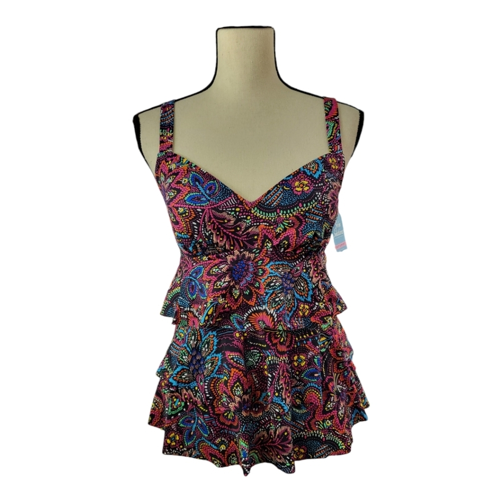 Swim Solutions Multicolor Paisley Ruffle One-Piece Swimdress